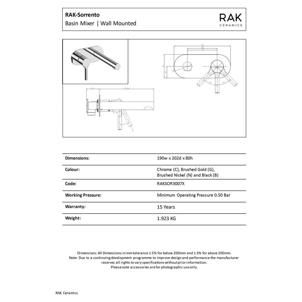 RAK Sorrento Brushed Nickel Wall Mounted Basin Mixer Tap - Solid Brass, Modern Design