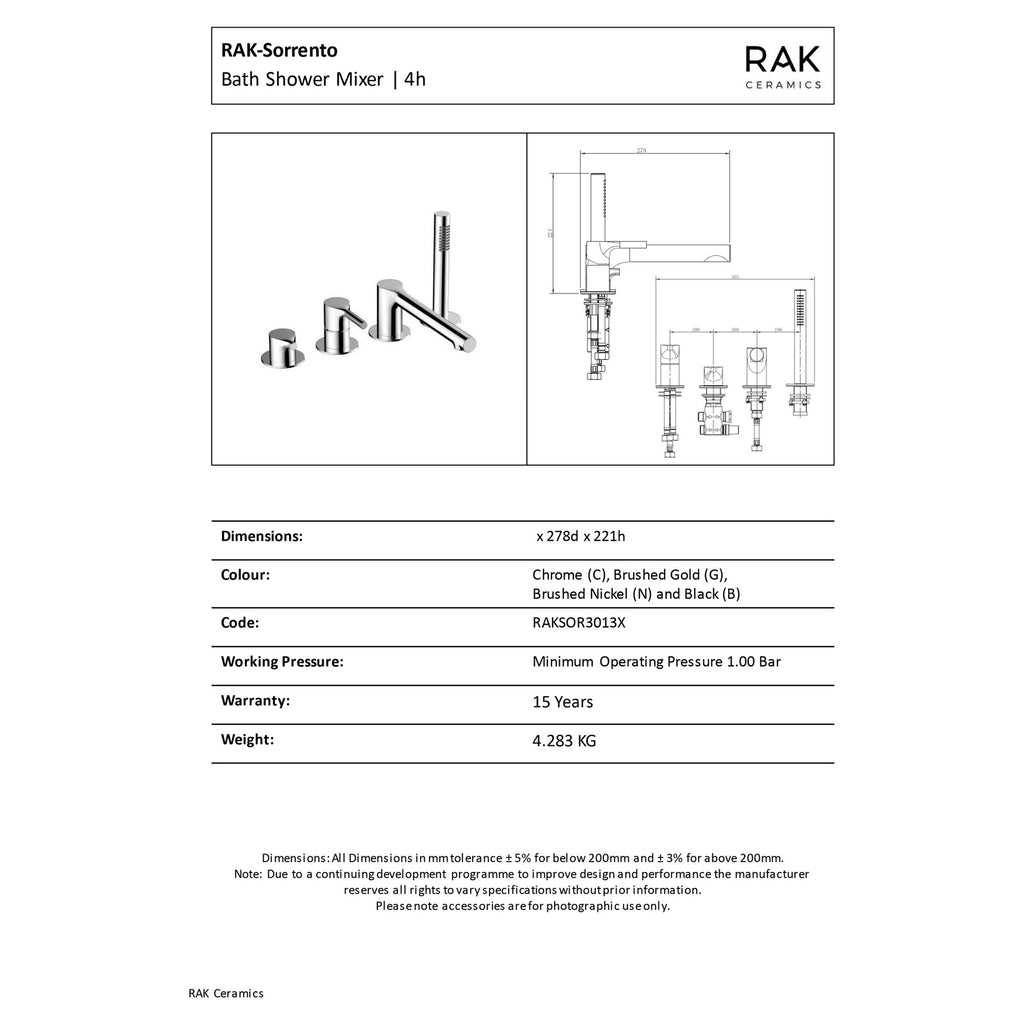 RAK Sorrento 4-Hole Polished Chrome Bath Shower Mixer Tap with Handset