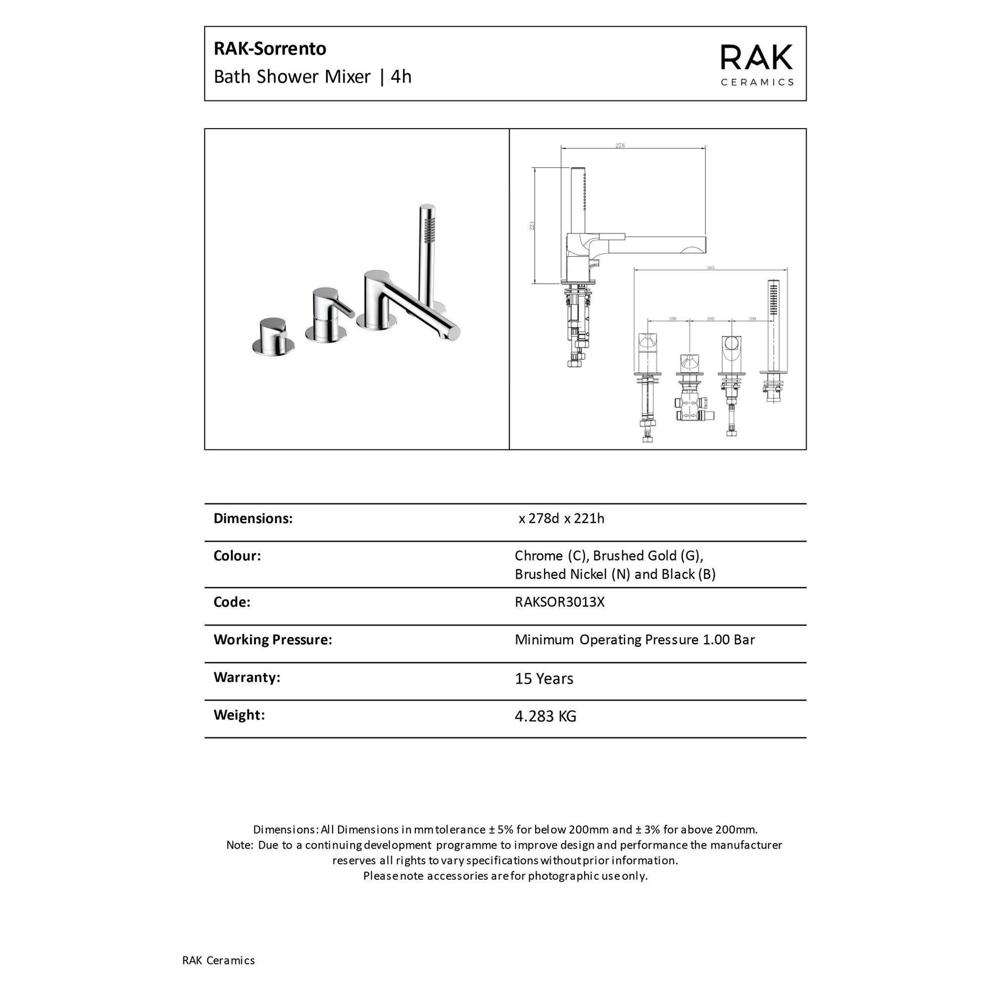 RAK Sorrento 4-Hole Polished Chrome Bath Shower Mixer Tap with Handset