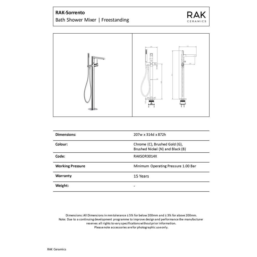 RAK Sorrento Brushed Nickel Freestanding Bath Shower Mixer Tap with Handset