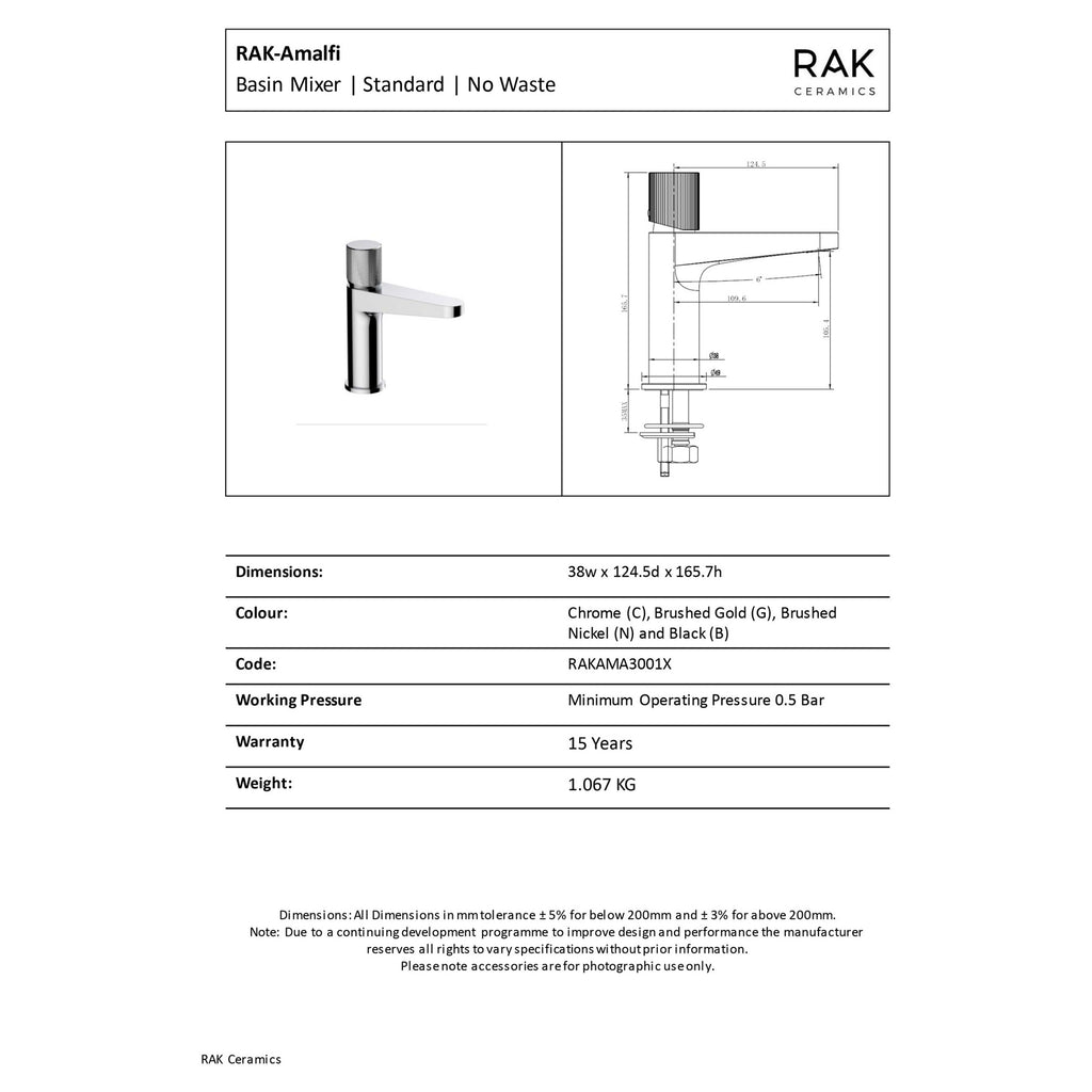 RAK Amalfi Brushed Gold Modern Basin Mixer Tap - Solid Brass, 15-Year Guarantee