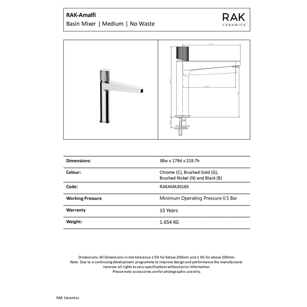 RAK Ceramics Amalfi Mid-Height Basin Mixer Tap - Contemporary Brushed Nickel Finish, Solid Brass
