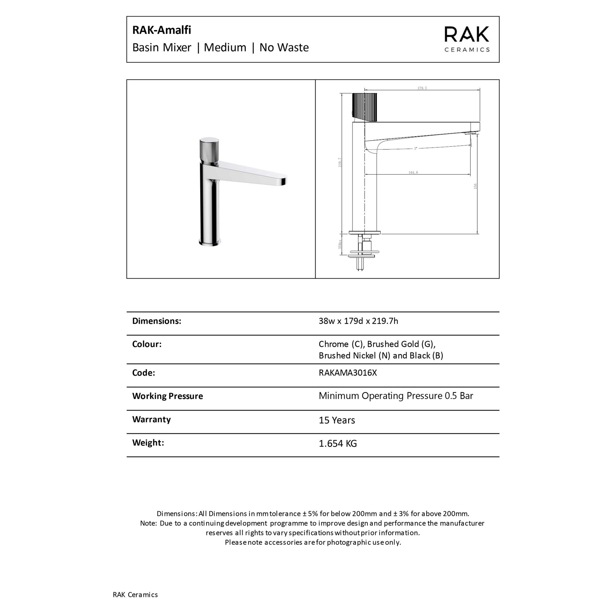 RAK Ceramics Amalfi Mid-Height Basin Mixer Tap - Contemporary Brushed Nickel Finish, Solid Brass