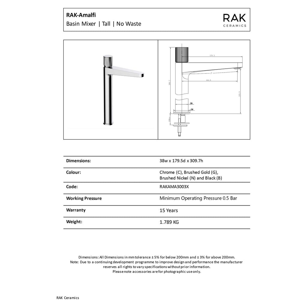 RAK Ceramics Amalfi Tall Basin Mixer Tap, Polished Chrome, Solid Brass with Distinctive Knurled Handle