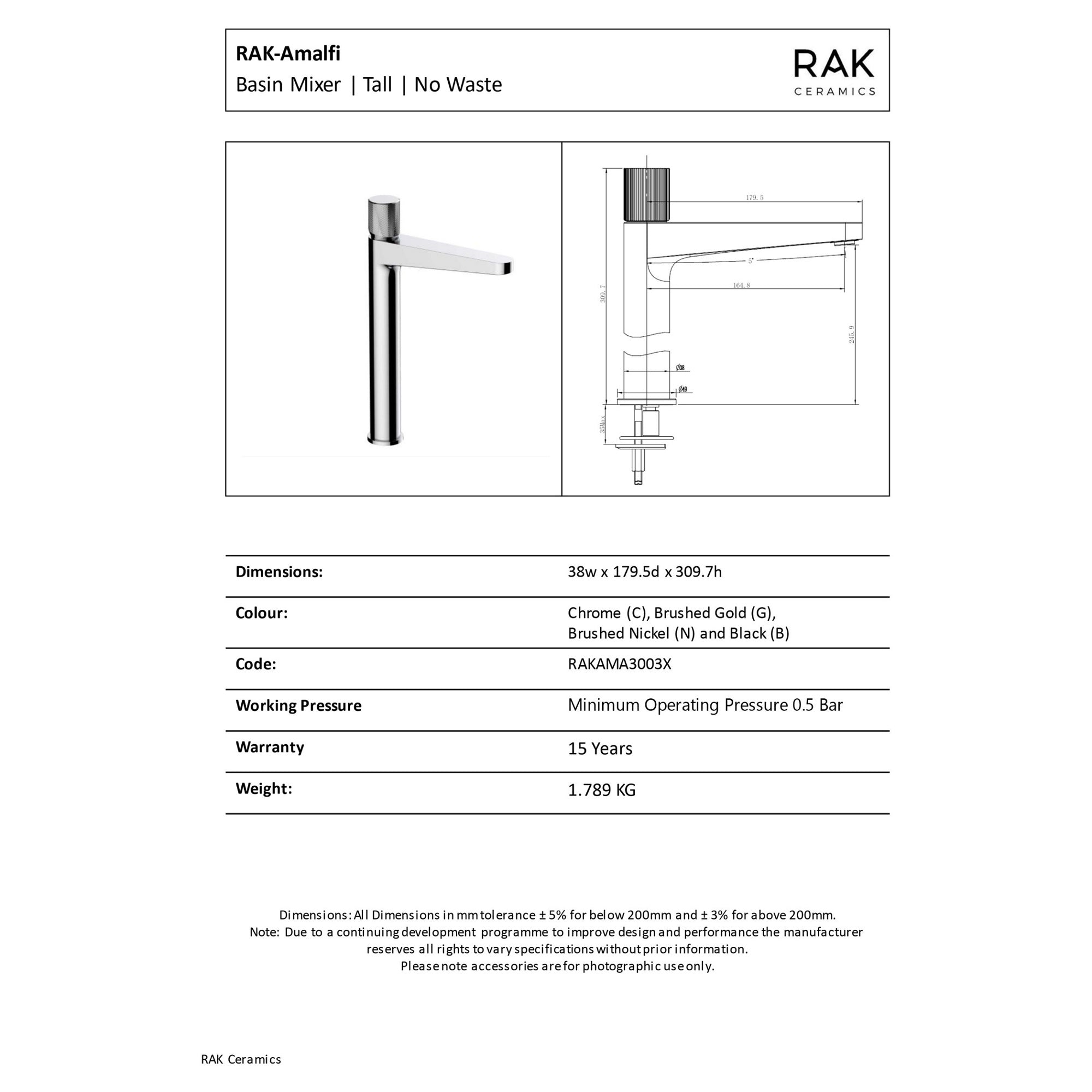 RAK Ceramics Amalfi Tall Basin Mixer Tap, Polished Chrome, Solid Brass with Distinctive Knurled Handle