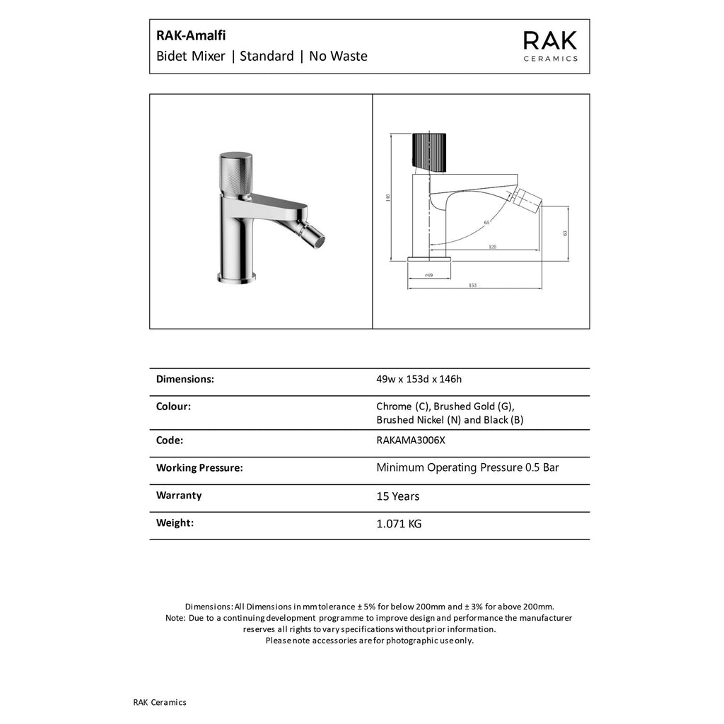 RAK Amalfi Modern Bidet Mixer Tap, Brushed Nickel Finish, Solid Brass