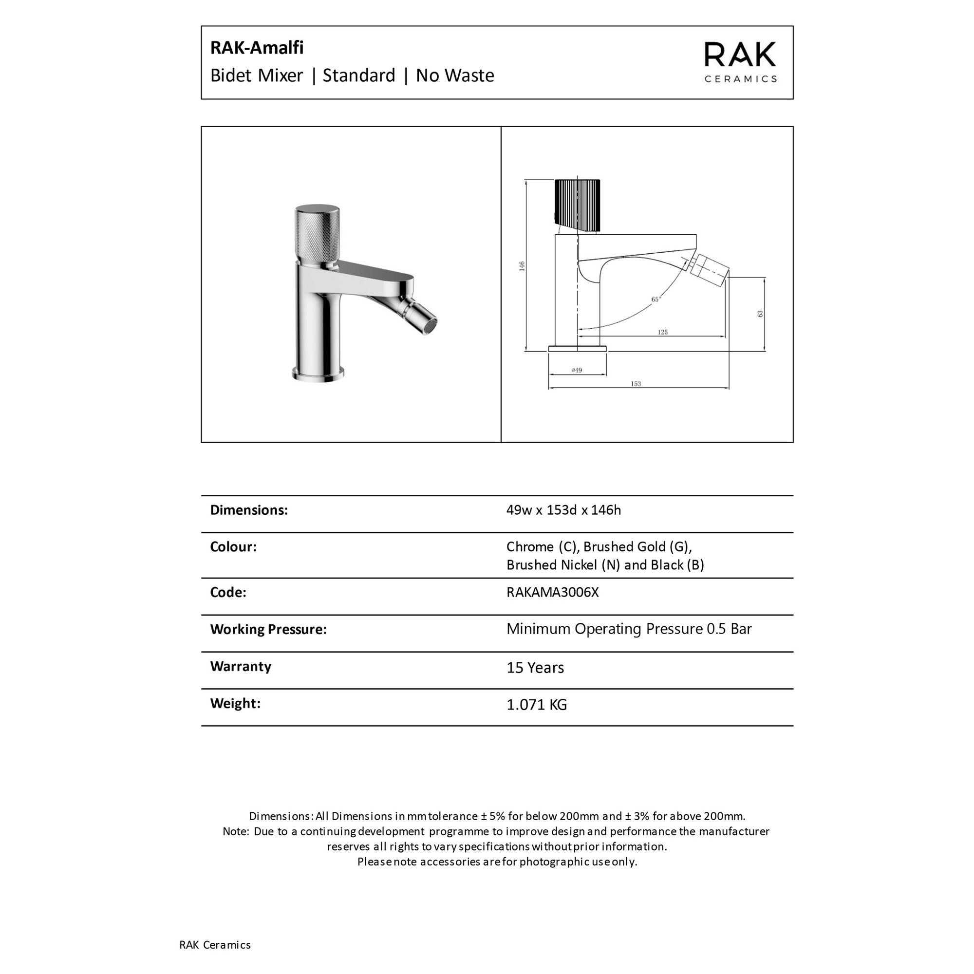 RAK Ceramics Amalfi Matt Black Bidet Mixer Tap - Solid Brass, Modern, 15-Year Guarantee
