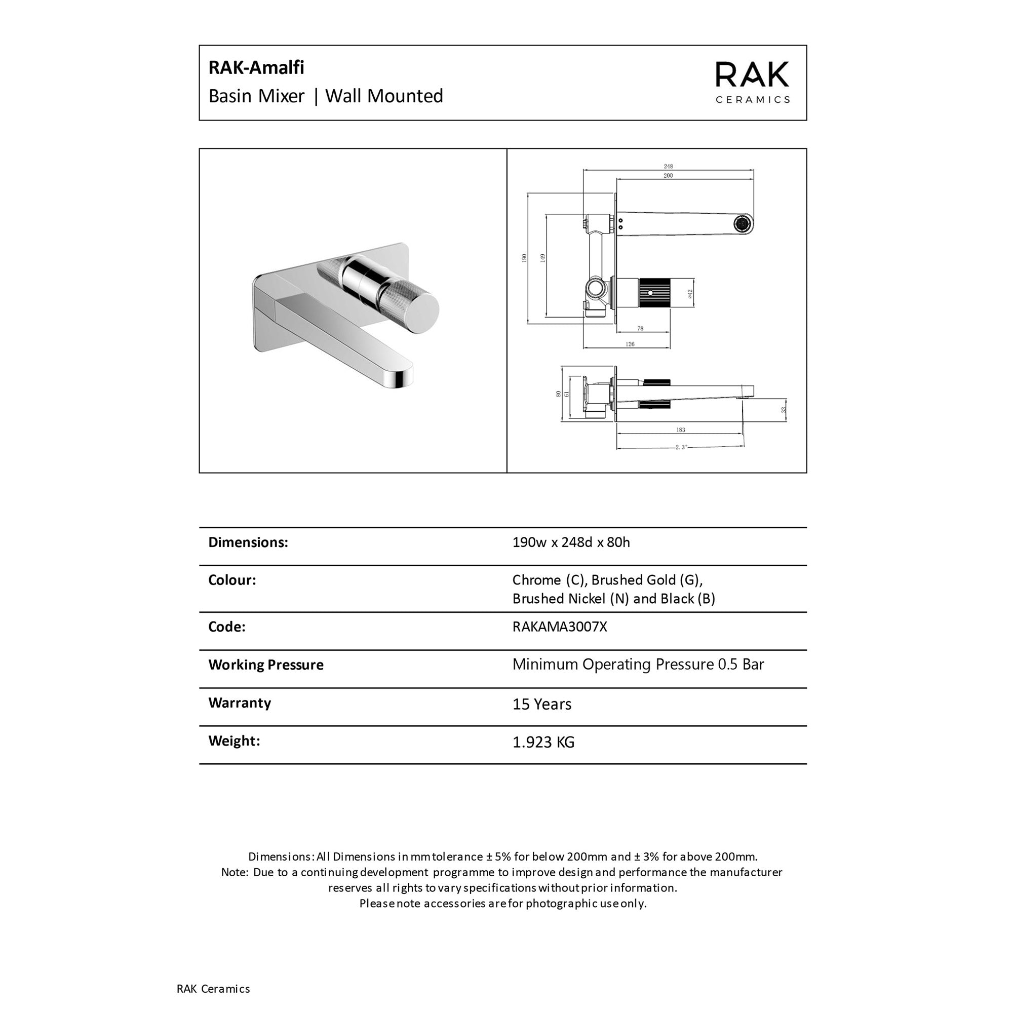 RAK Amalfi Wall Mounted Basin Mixer Tap - Polished Chrome, Solid Brass with Knurled Handle
