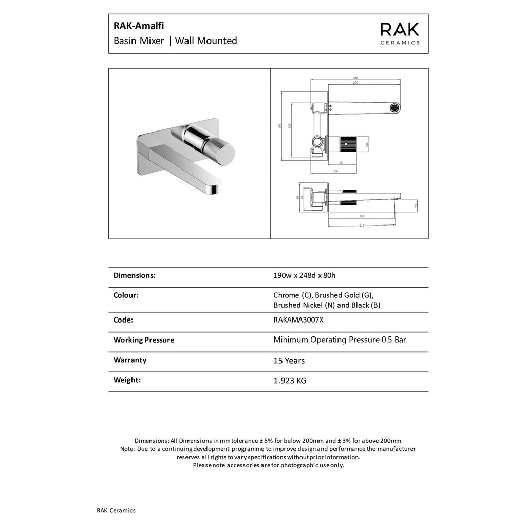 RAK Amalfi Wall Mounted Basin Mixer Tap - Brushed Gold Solid Brass - 15 Year Guarantee