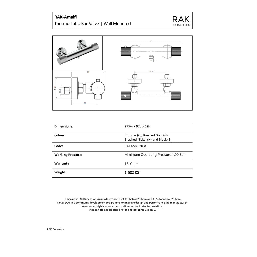 RAK Ceramics Amalfi Brushed Gold Thermostatic Wall Mounted Bar Shower Valve with Bottom Outlet