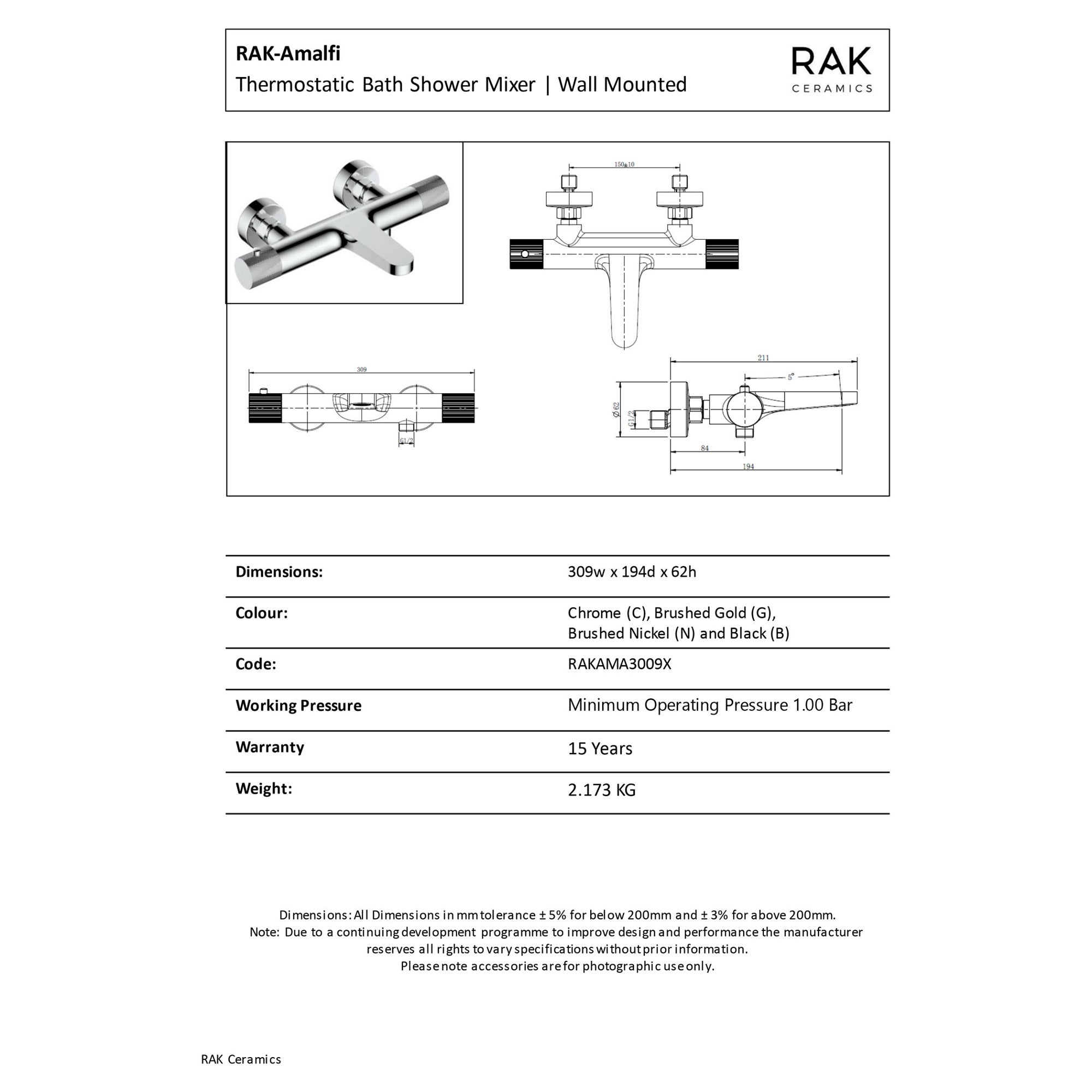 RAK Amalfi Chrome Thermostatic Wall Mounted Bath Shower Mixer Tap - Solid Brass, 15-Year Guarantee