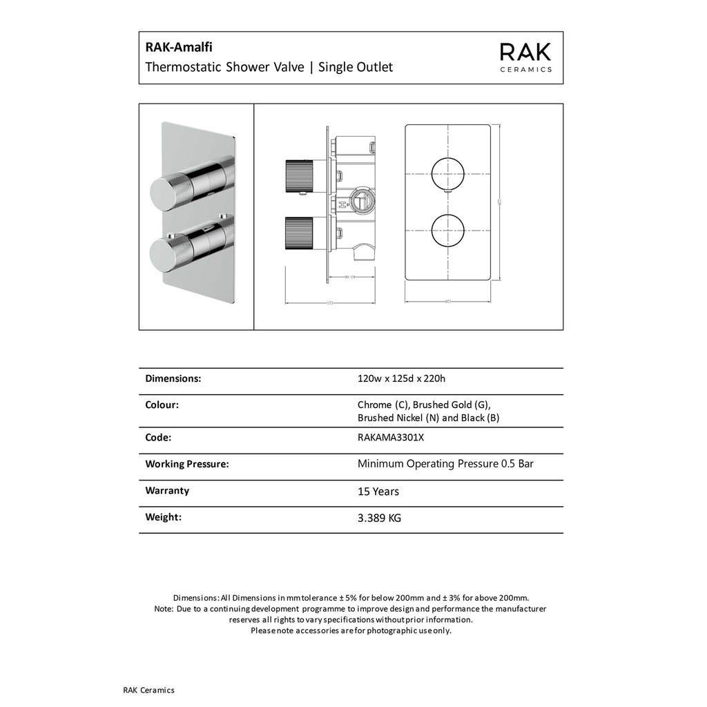 RAK Ceramics Amalfi Thermostatic Concealed Shower Valve, Single Outlet, Brushed Gold
