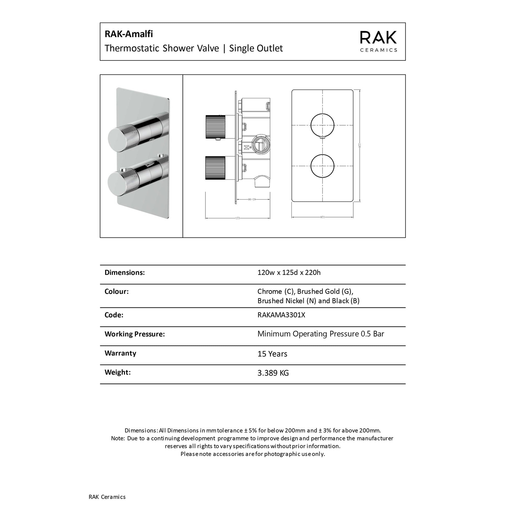 RAK Ceramics Amalfi Thermostatic Concealed Shower Valve, Single Outlet, Brushed Gold