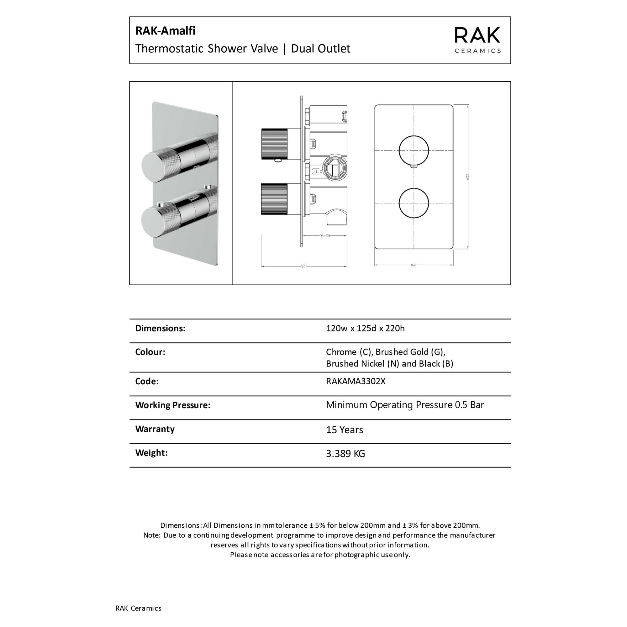 RAK Amalfi Matt Black Thermostatic Concealed Dual Outlet Shower Valve