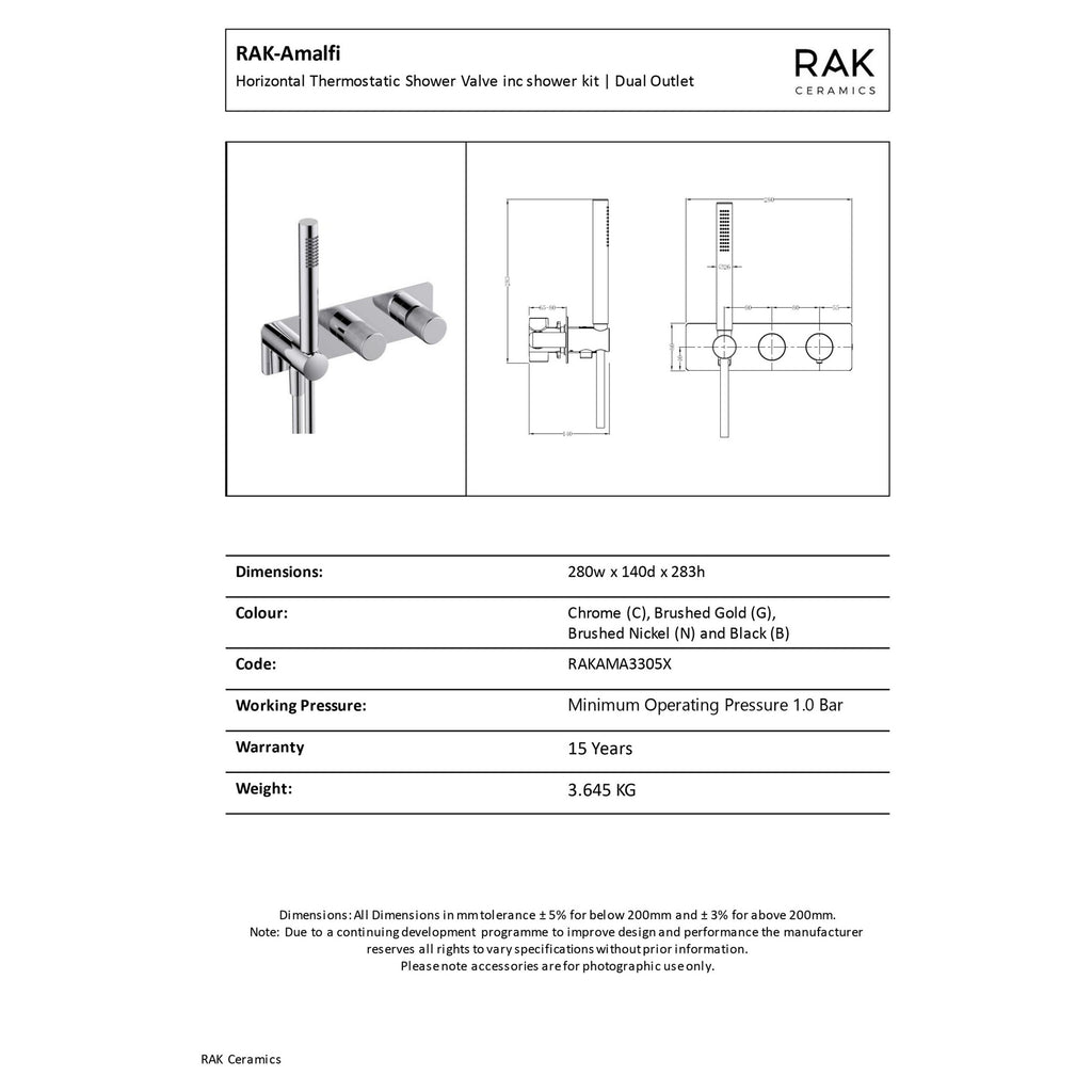 RAK Ceramics Amalfi Thermostatic Concealed Wall-Mounted Dual Outlet Shower Valve with Chrome Handset