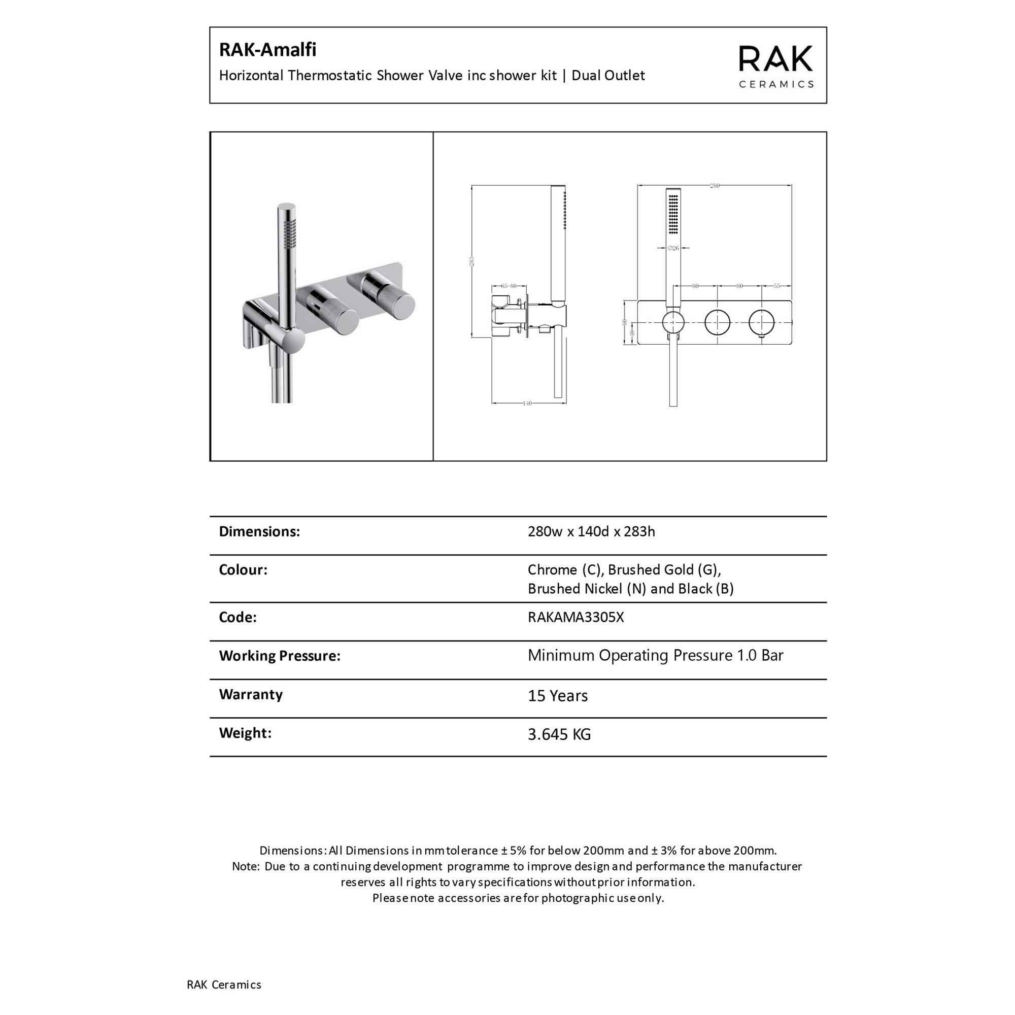 RAK Amalfi Brushed Nickel Thermostatic Concealed Dual Outlet Shower Valve with Handset