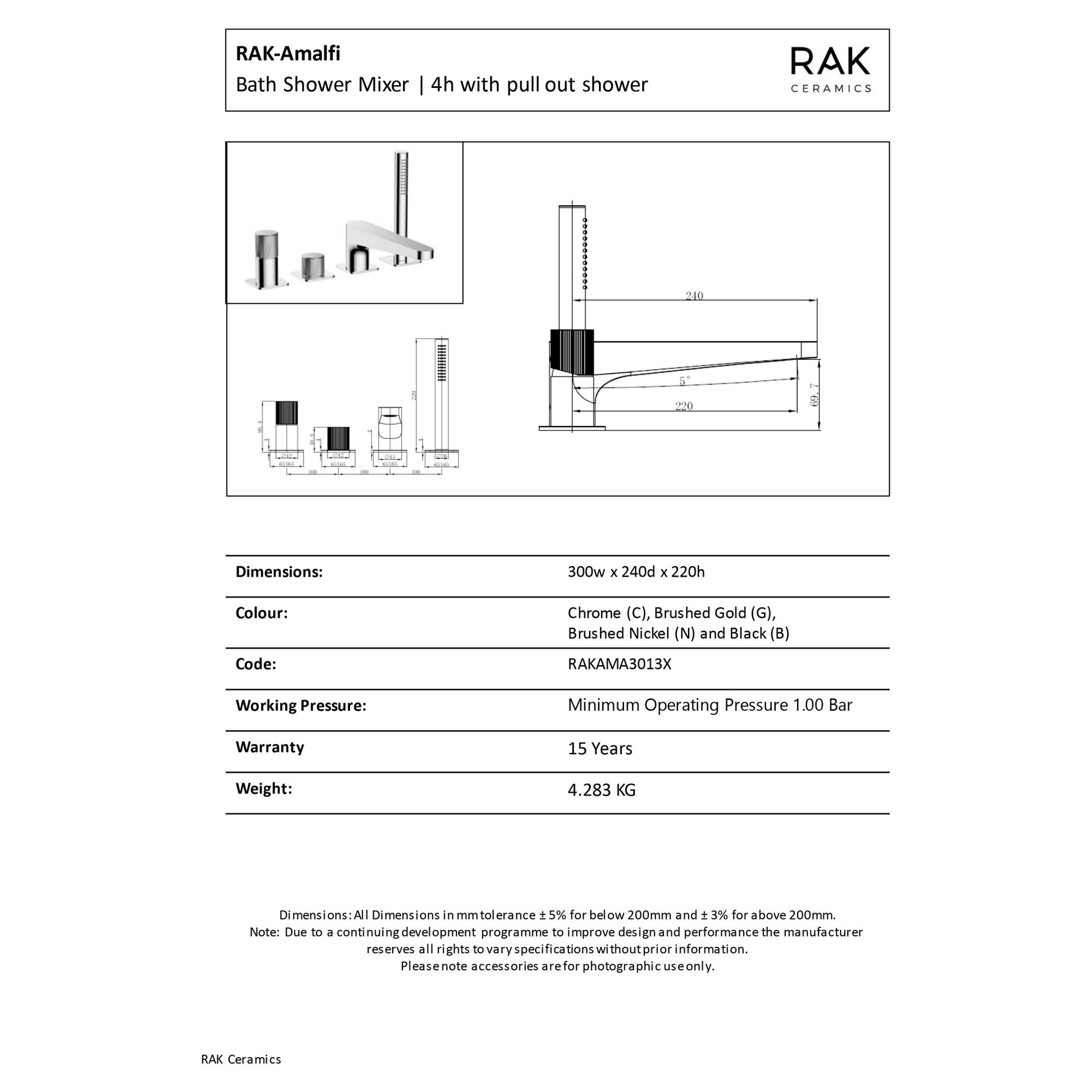 RAK Amalfi Chrome 4-Hole Bath Shower Mixer Tap with Pull-Out Handset - Solid Brass