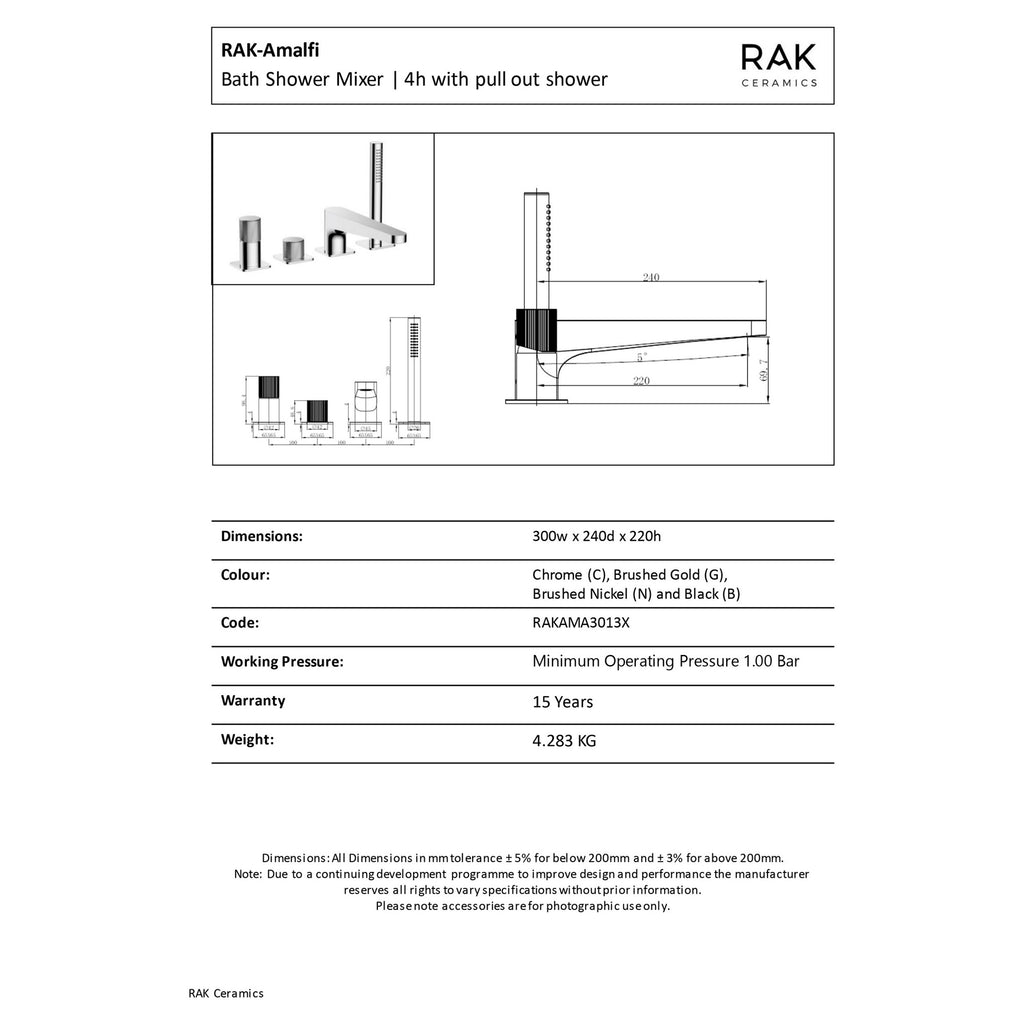 RAK Amalfi Brushed Nickel 4-Hole Deck-Mounted Bath Shower Mixer Tap with Handset