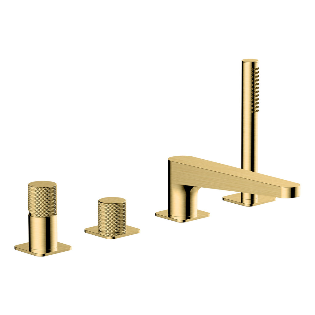 RAK Ceramics Amalfi 4-Hole Deck-Mounted Bath Shower Mixer Tap with Pull-Out Shower Handset - Brushed Gold Finish