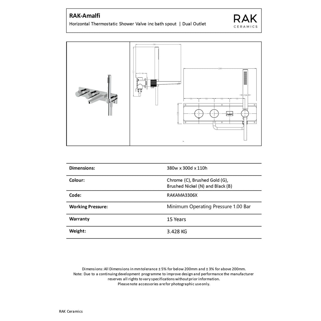 RAK Amalfi Thermostatic Concealed Dual Outlet Shower & Bath Valve Kit - Brushed Nickel Finish