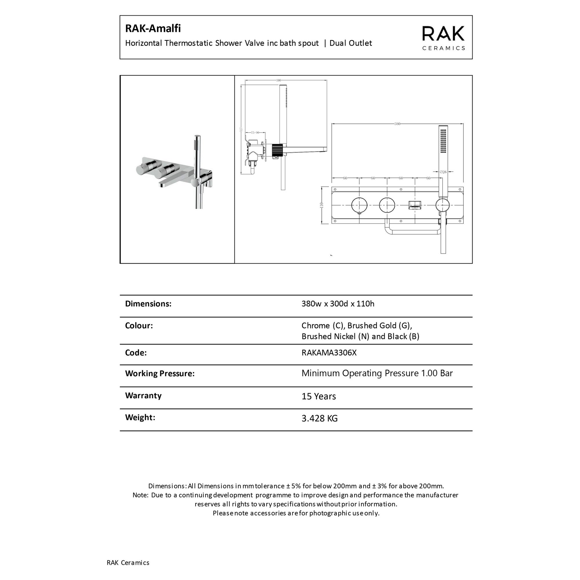 RAK Amalfi Brushed Gold Solid Brass Thermostatic Concealed Dual Outlet Shower Valve & Bath Spout with Handset