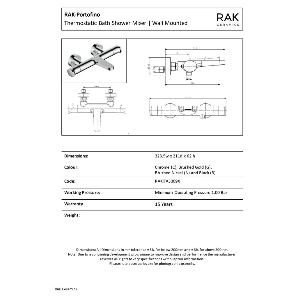 RAK Portofino Brushed Nickel Wall Mounted Thermostatic Bath Shower Mixer Tap