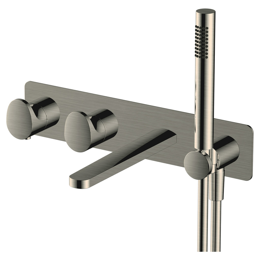 RAK Portofino Brushed Nickel Wall-Mounted Thermostatic Bath Shower Mixer Tap with Dual Outlet & Shower Kit
