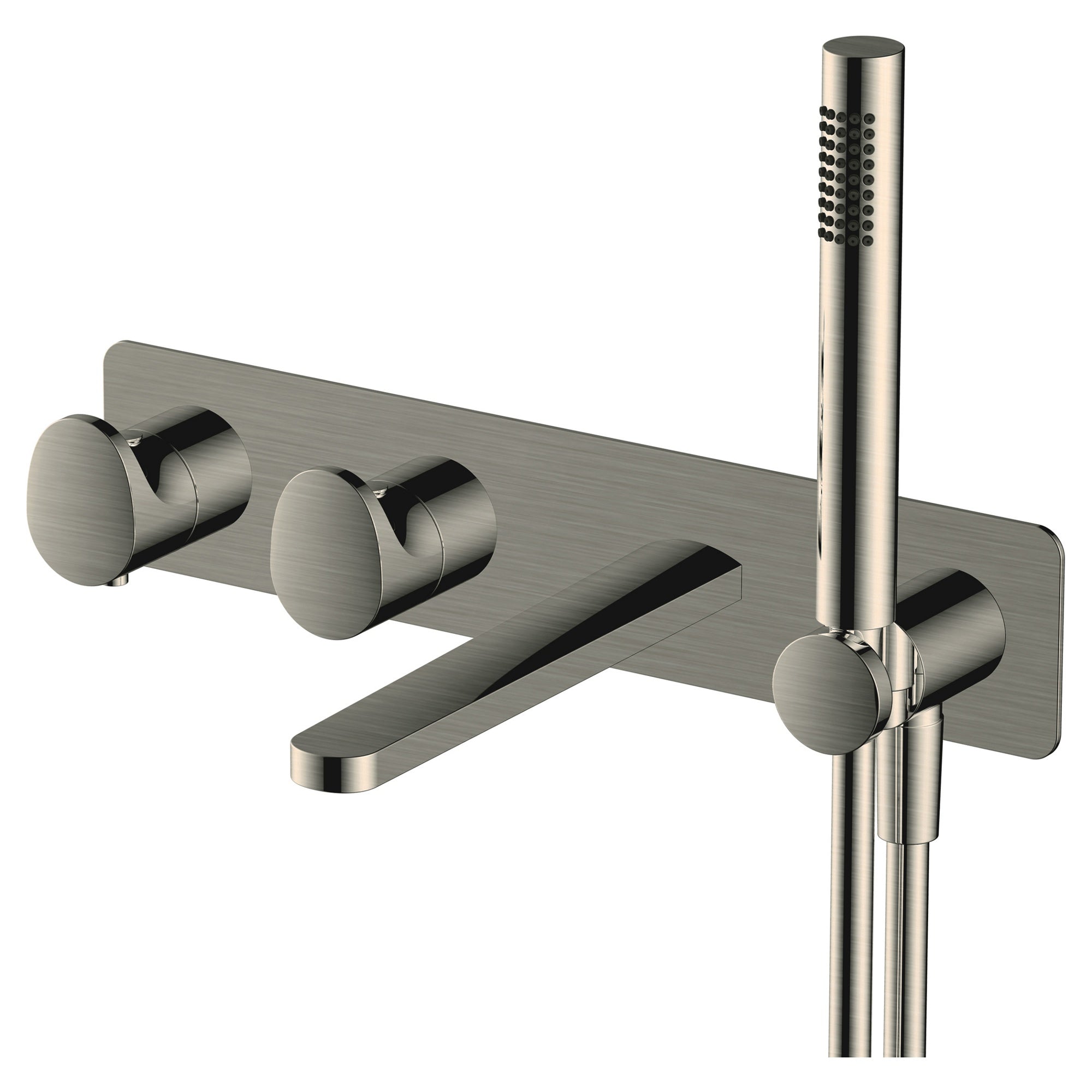 RAK Portofino Brushed Nickel Wall-Mounted Thermostatic Bath Shower Mixer Tap with Dual Outlet & Shower Kit