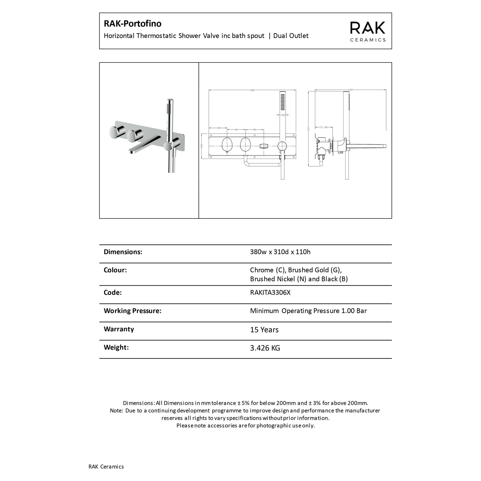 RAK Portofino Brushed Gold Wall-Mounted Dual Outlet Thermostatic Bath Shower Mixer Tap