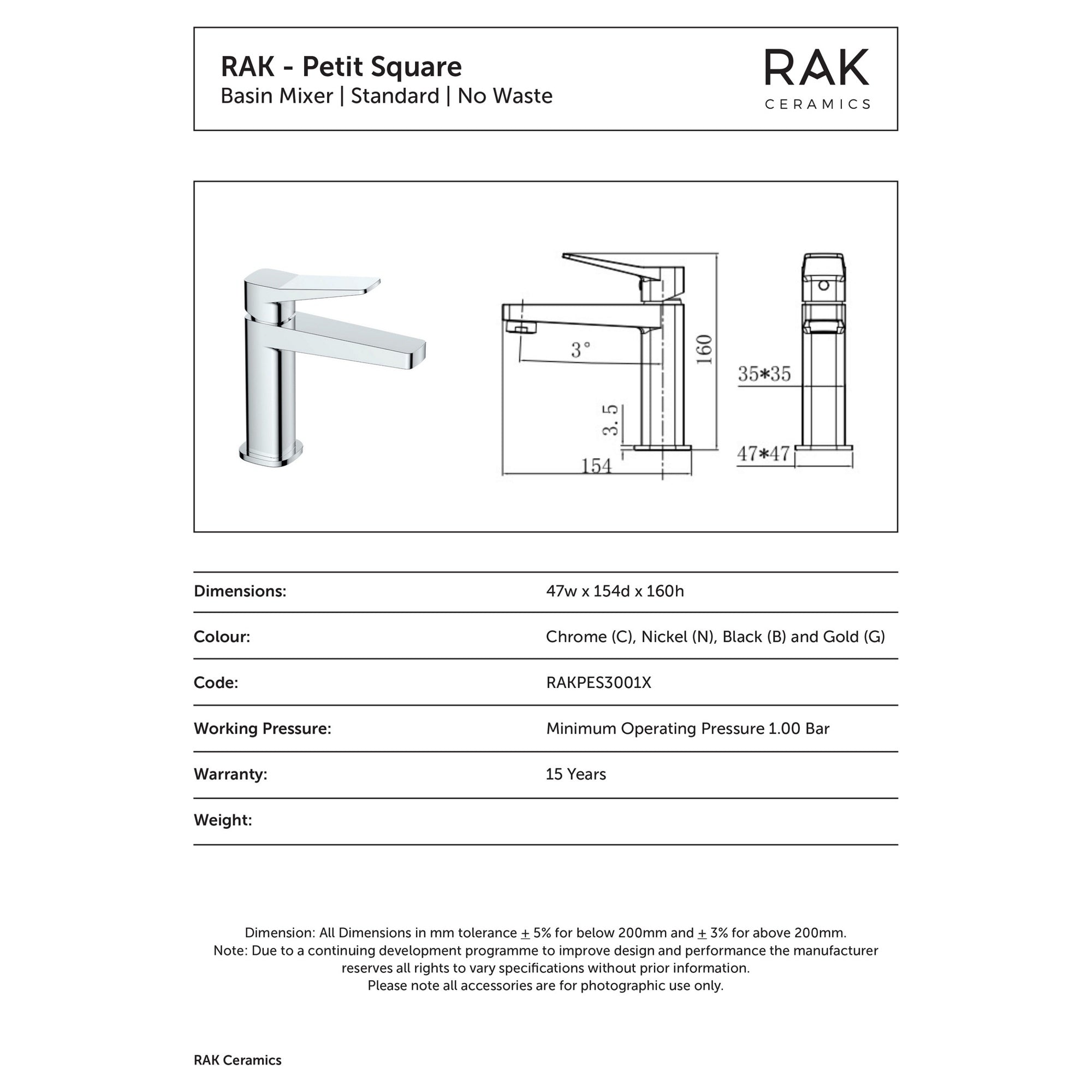 RAK Petit Square Modern Basin Mixer Tap - Brushed Gold Solid Brass Mono, 15-Year Guarantee