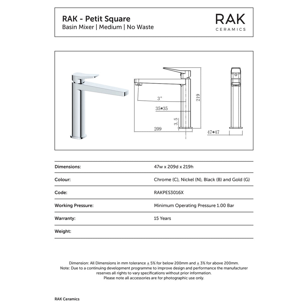 RAK Petit Square Matt Black Modern Basin Mixer Tap with Single Lever - Solid Brass