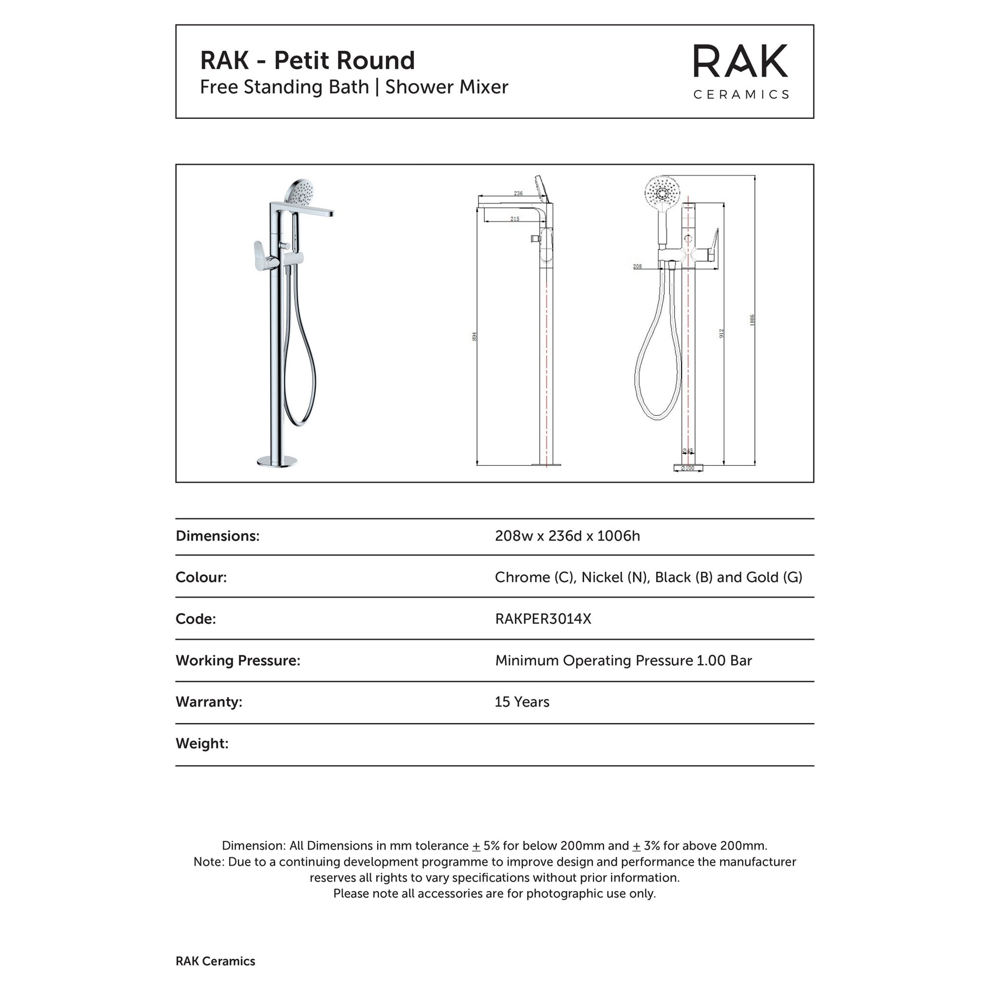 RAK Petit Brushed Nickel Freestanding Bath Shower Mixer Tap with Handset - Solid Brass