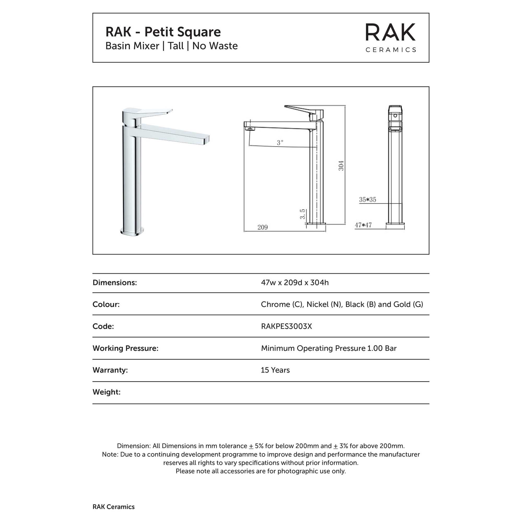 RAK Petit Tall Modern Basin Mixer Tap - Luxury Brushed Nickel Solid Brass, Single Lever Design