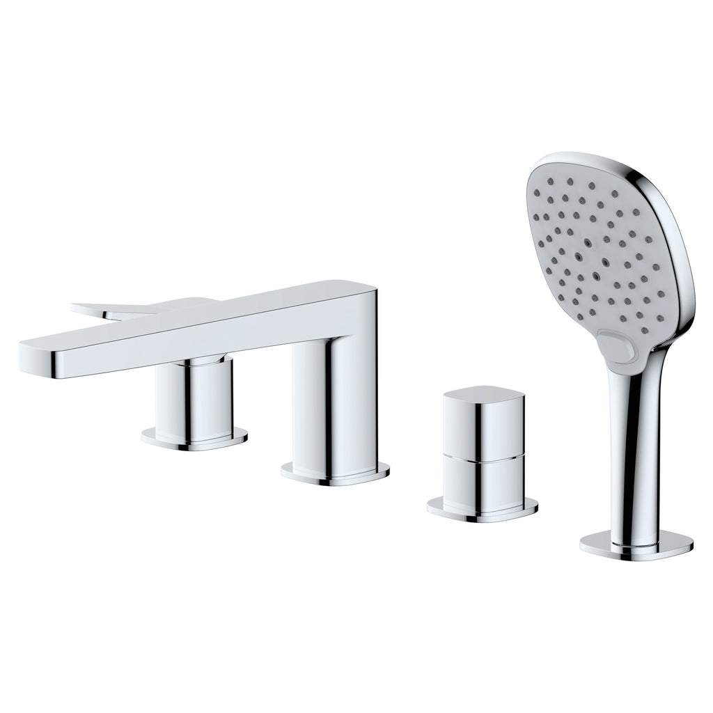 RAK Petit Square 4-Hole Deck-Mounted Bath Shower Mixer Tap with Handset - Polished Chrome Solid Brass