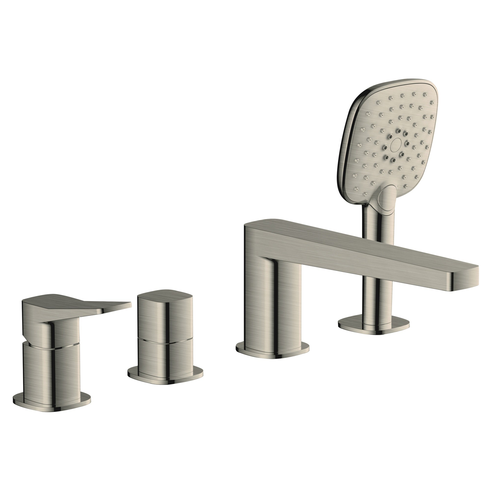 RAK Petit Square 4-Hole Deck-Mounted Bath Shower Mixer Tap with Handset, Brushed Nickel, Solid Brass