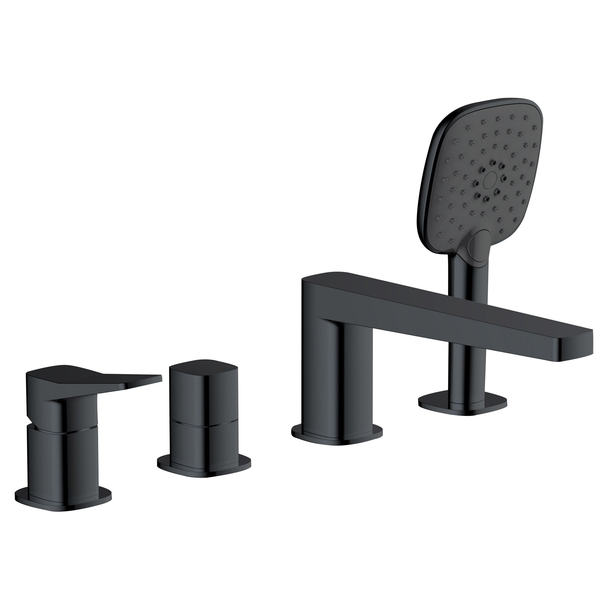 RAK Petit Square 4-Hole Deck-Mounted Bath Shower Mixer Tap in Matt Black Solid Brass with Handset