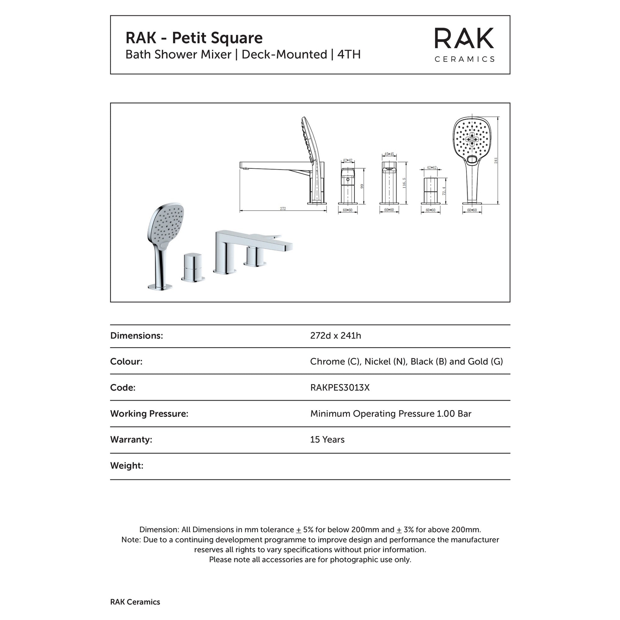 RAK Petit Square 4-Hole Deck-Mounted Bath Shower Mixer Tap in Matt Black Solid Brass with Handset