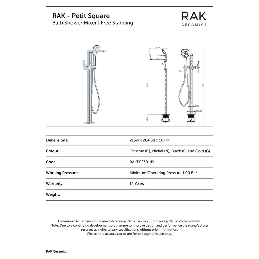 RAK Petit Square Freestanding Bath Shower Mixer Tap with Handset - Brushed Nickel, Solid Brass