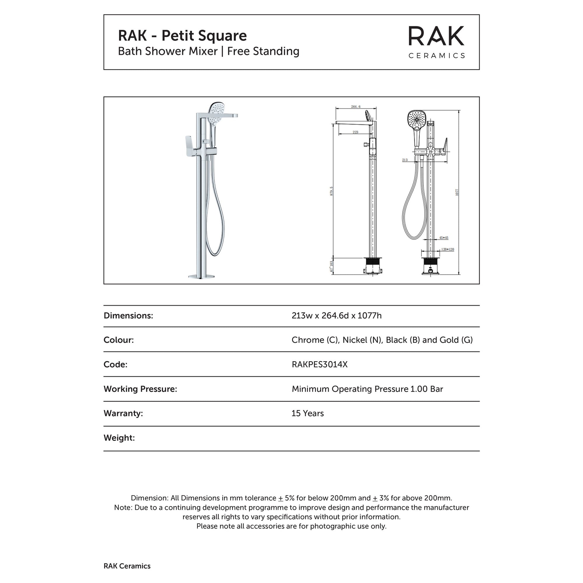 RAK Petit Square Freestanding Bath Shower Mixer Tap with Handset - Brushed Nickel, Solid Brass