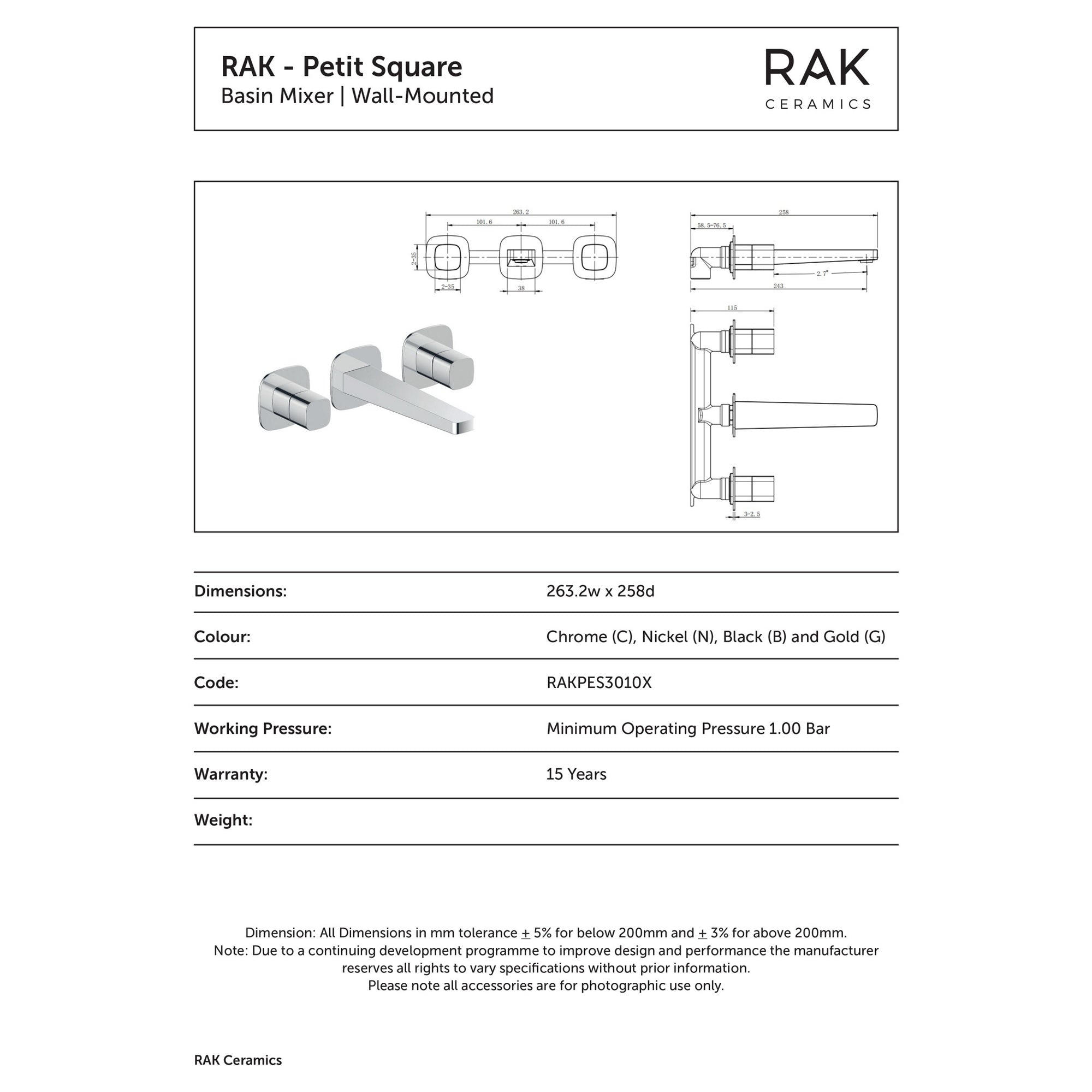 RAK Petit Polished Chrome 3-Hole Wall Mounted Basin Mixer Tap