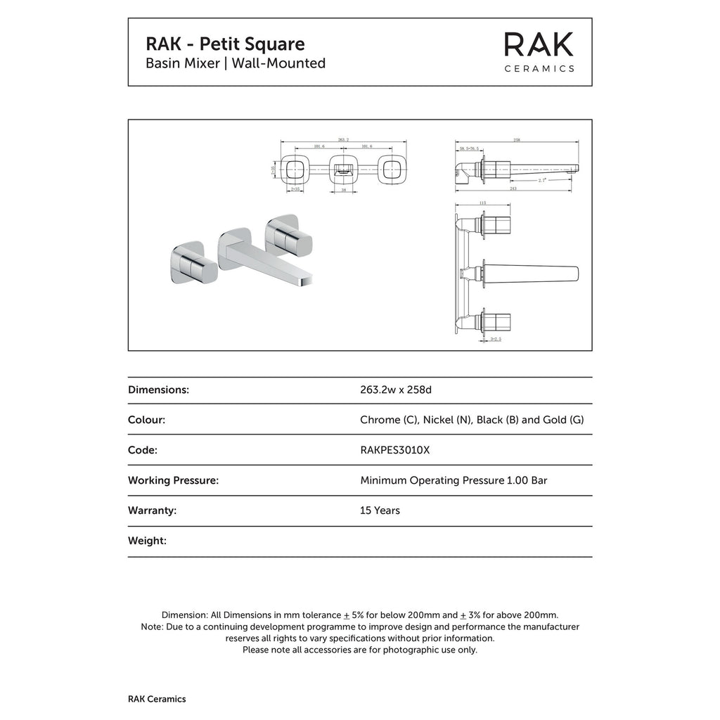 RAK Petit Square Matt Black Wall Mounted 3-Hole Basin Mixer Tap - Durable Brass
