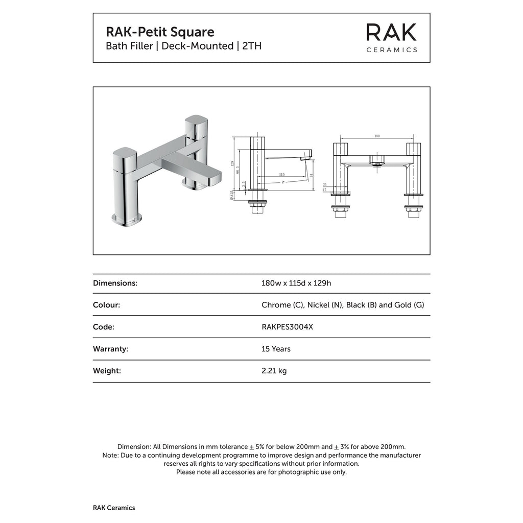 RAK Petit Brushed Gold Square Bath Filler Mixer Tap, Solid Brass, 2-Hole