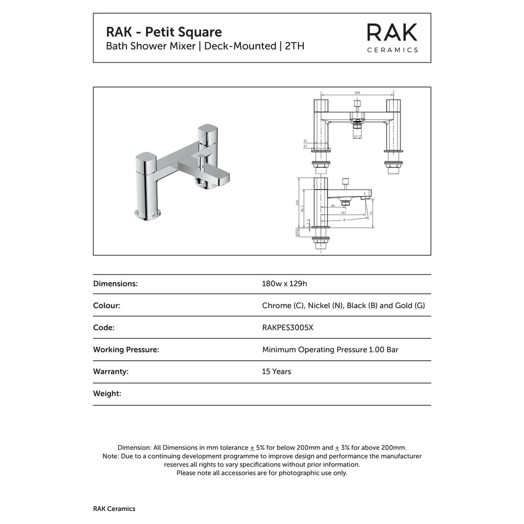 RAK Petit Square Polished Chrome Solid Brass Deck-Mounted Bath Shower Mixer Tap with Handset