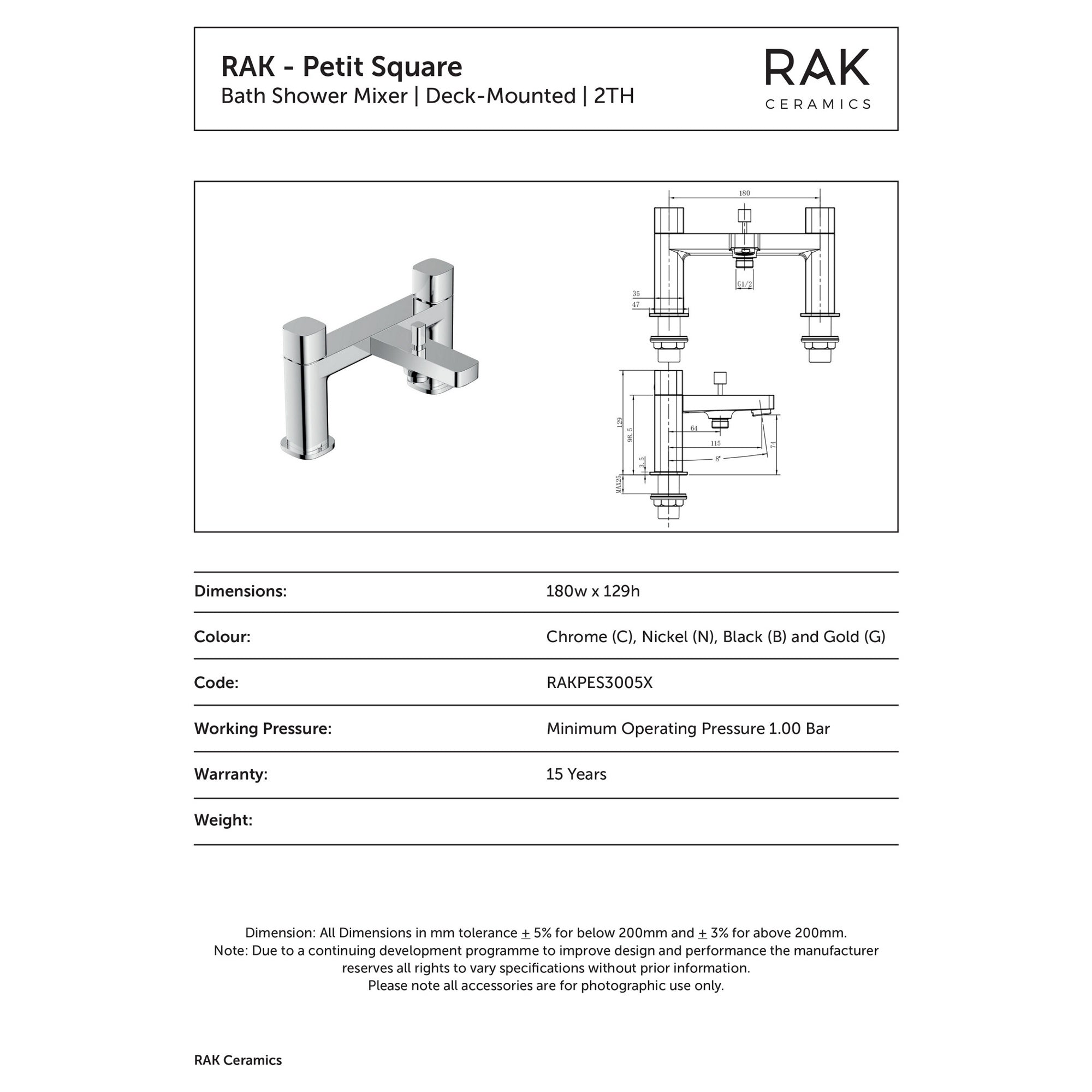 RAK Petit Square Polished Chrome Solid Brass Deck-Mounted Bath Shower Mixer Tap with Handset