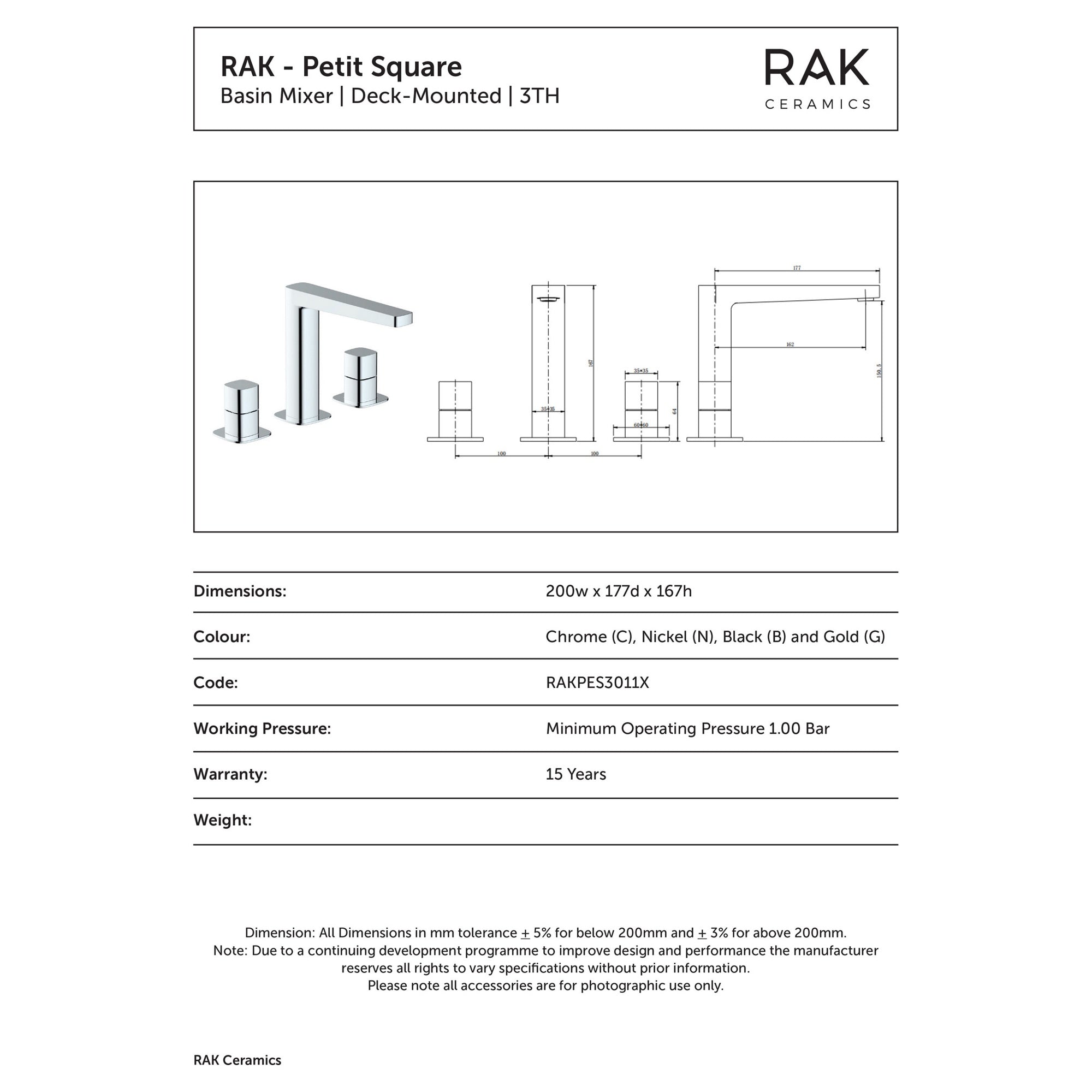 RAK Petit Polished Chrome 3-Hole Deck Mounted Basin Mixer Tap