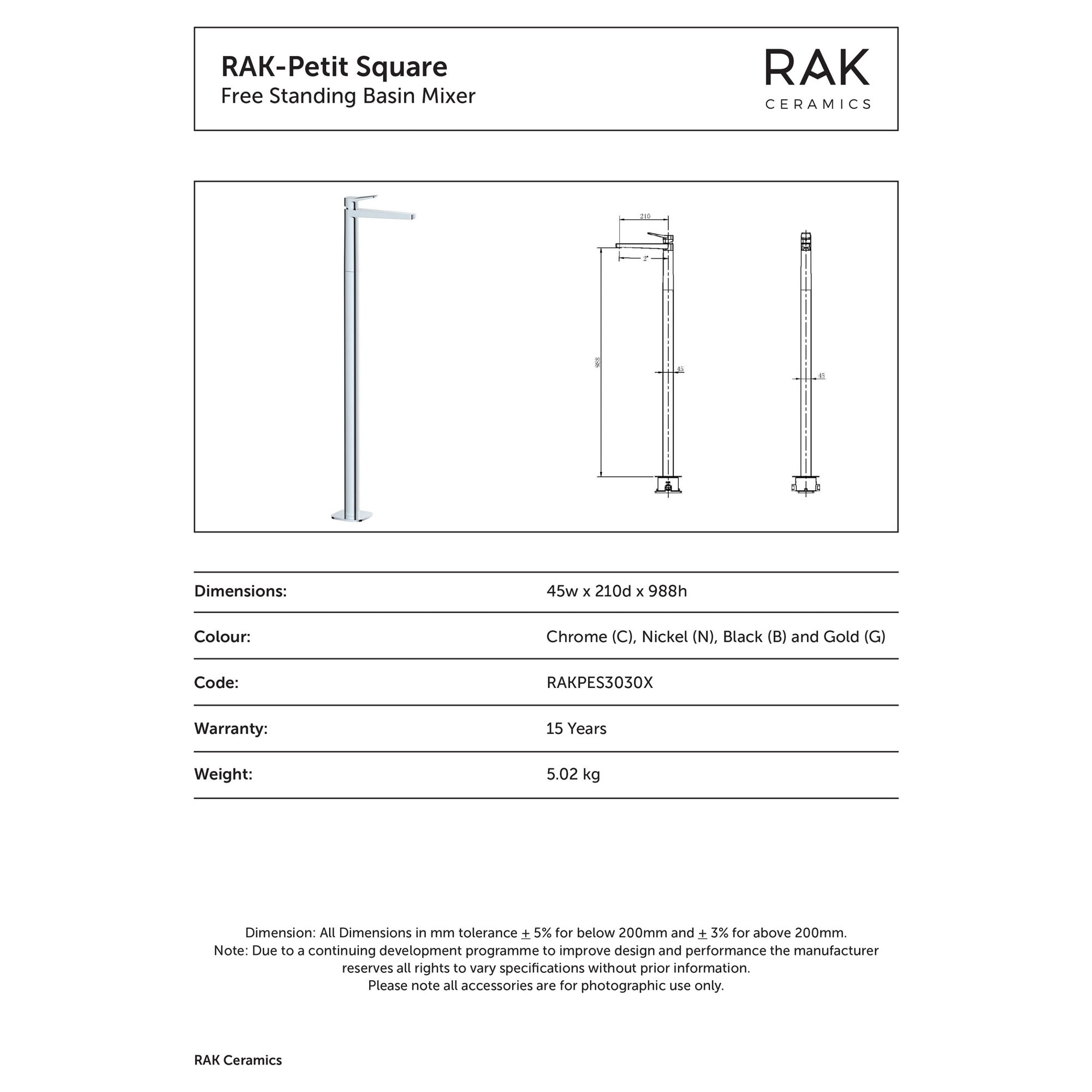 RAK Petit Brushed Gold Freestanding Basin Mixer Tap for Modern Bathrooms