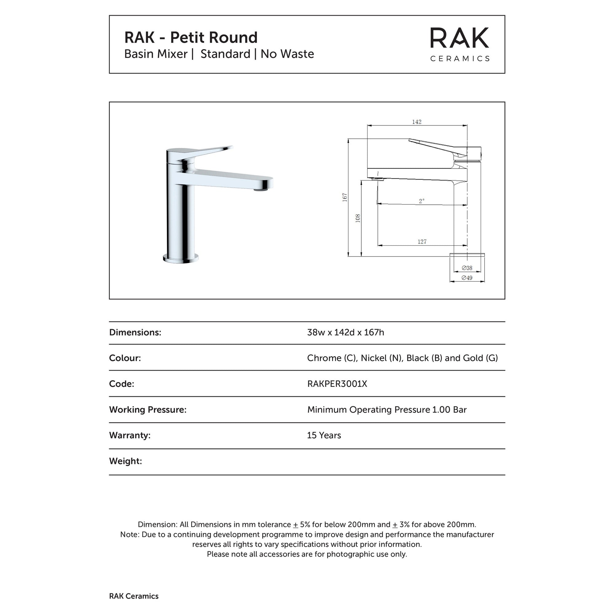 RAK Petit Brushed Nickel Modern Basin Mono Mixer Tap - Solid Brass & 15-Year Guarantee