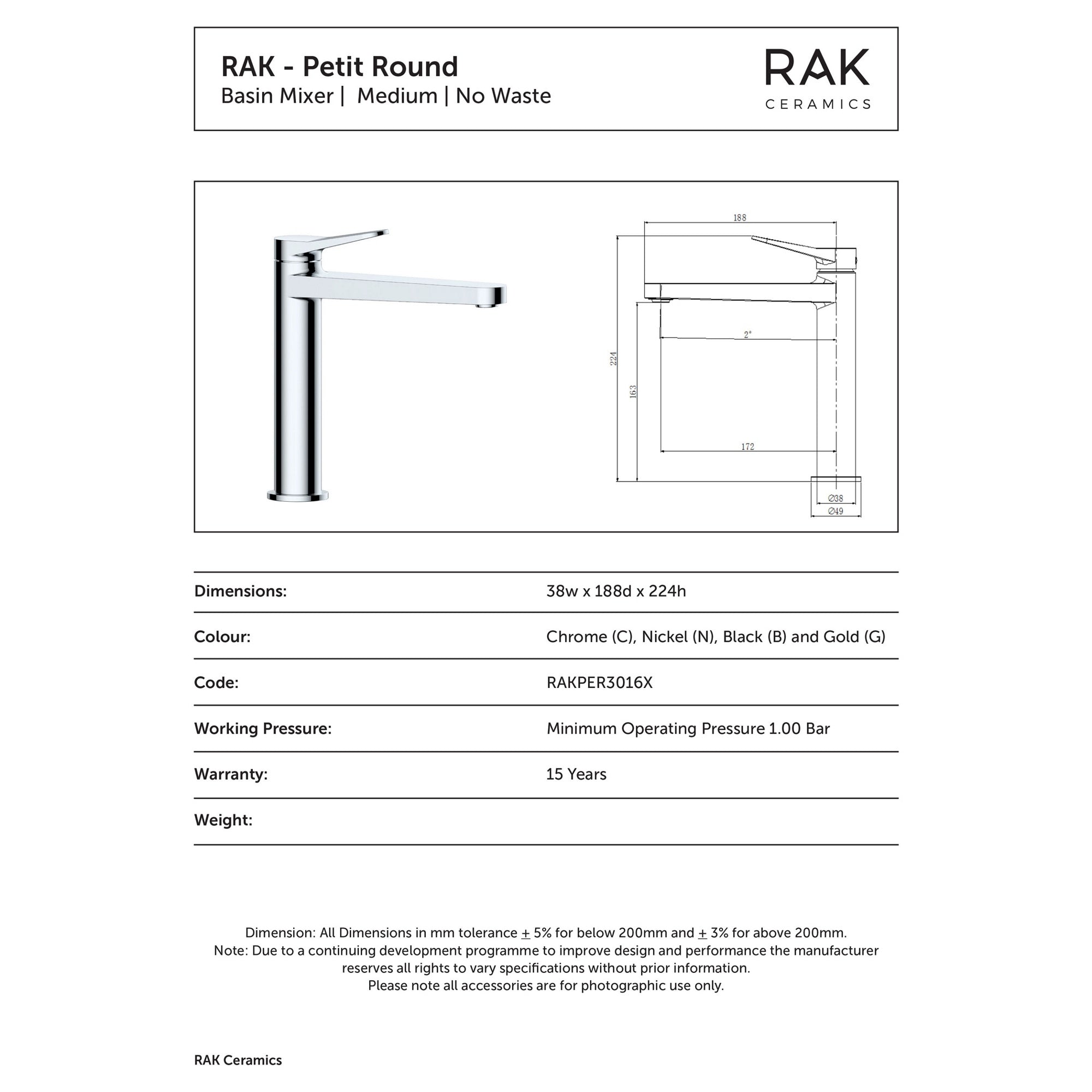 RAK Petit Mid-Height Basin Mixer Tap - Polished Chrome, Modern Design, Solid Brass with 15-Year Guarantee
