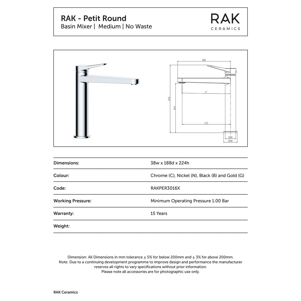 RAK Petit Matt Black Basin Mixer Tap, Mid-Height Modern Design, Solid Brass, 15-Year Guarantee