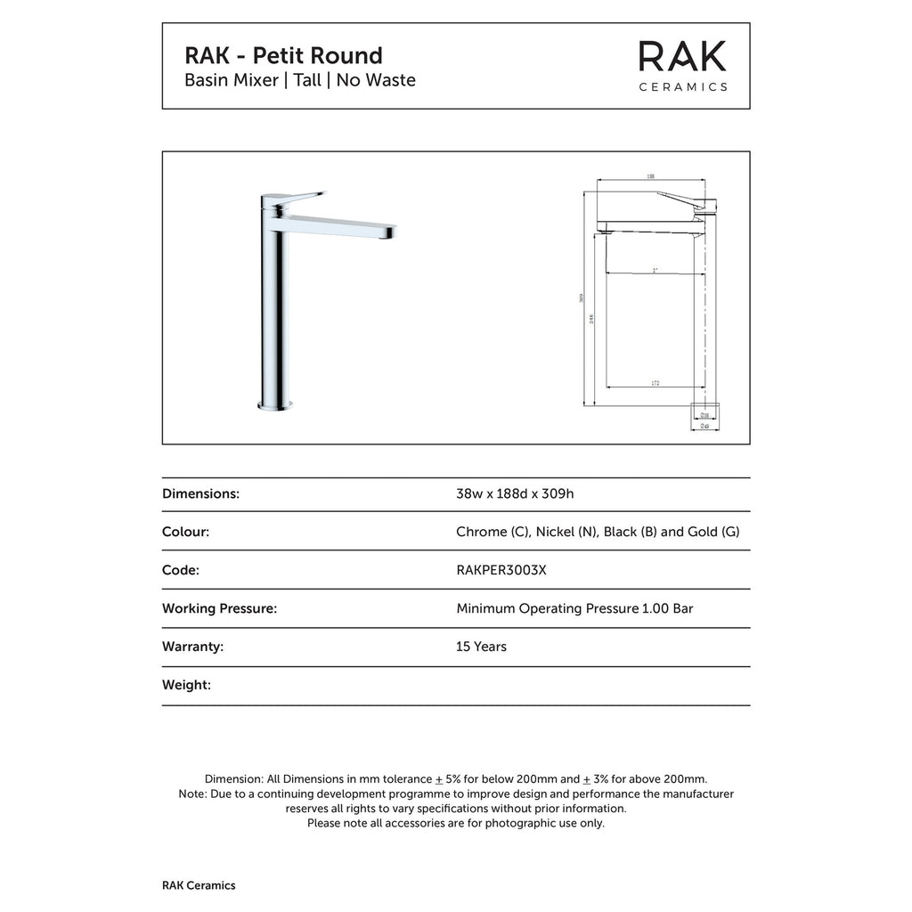 RAK Petit Tall Matt Black Basin Mono Mixer Tap - Solid Brass with 15-Year Guarantee